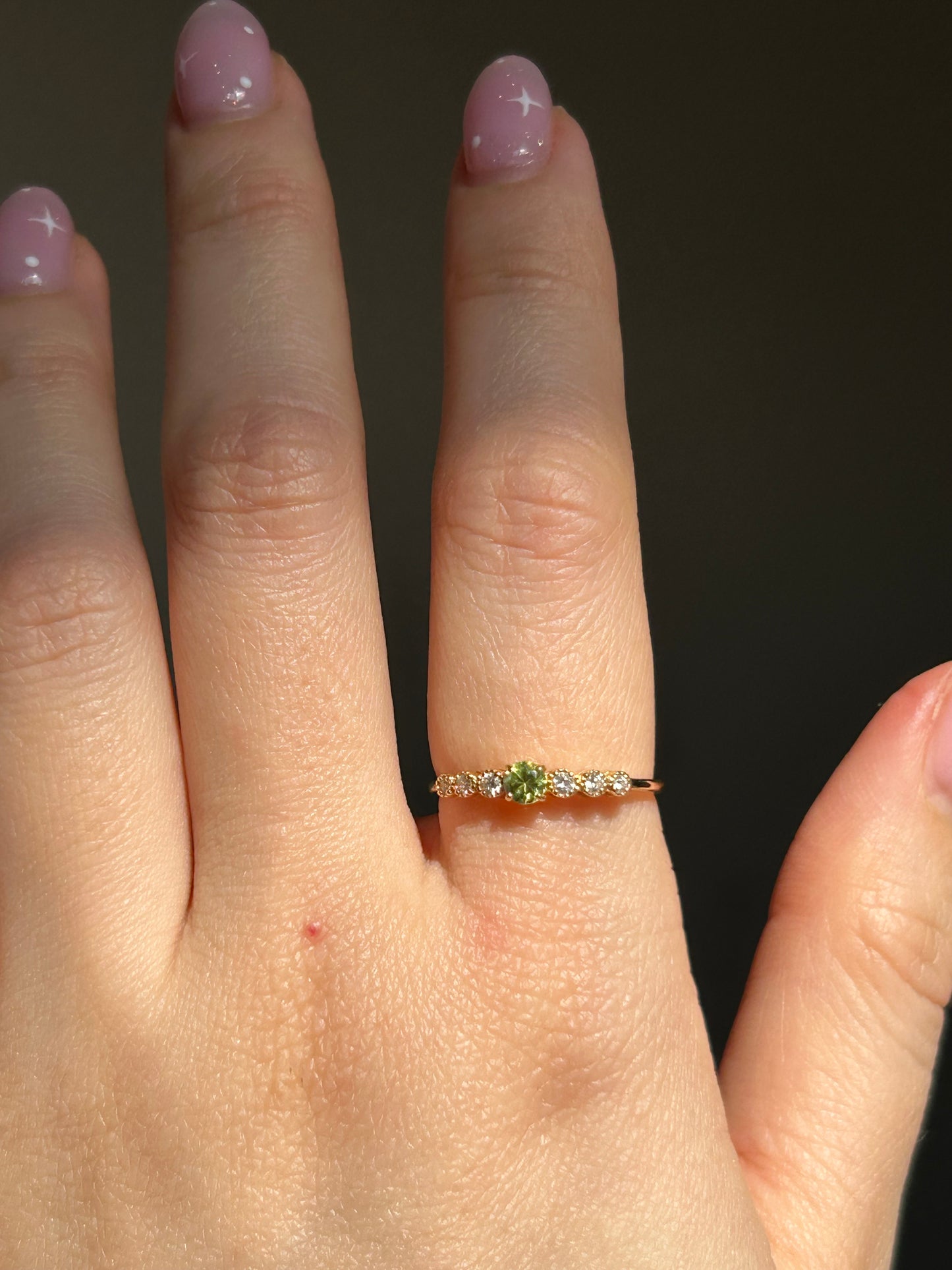 Modern Pre-loved 18k Demantoid Green Garnet and Diamond Ring - Dainty Stacking Band