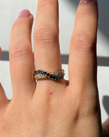 Vintage 18k Gold Pave Sapphire and Diamond Crossover Dome Ring