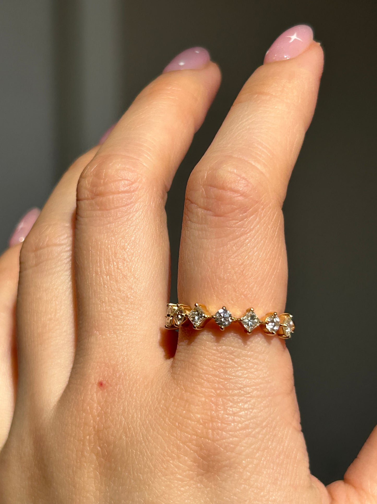 Vintage 18k Alternating Princess Cut and Round Diamond Half Eternity Band