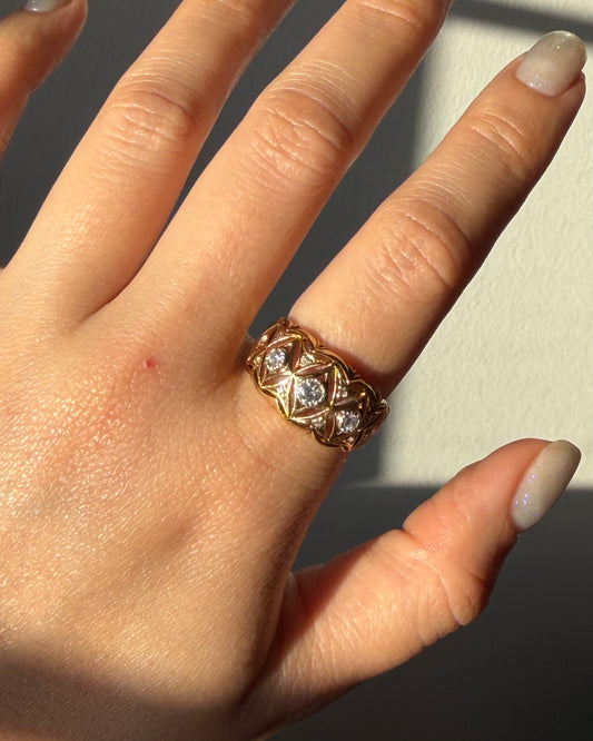 Vintage 18k Gold Open-Work Milgrain Detail Bezel Set Diamond Dome Bombe Ring