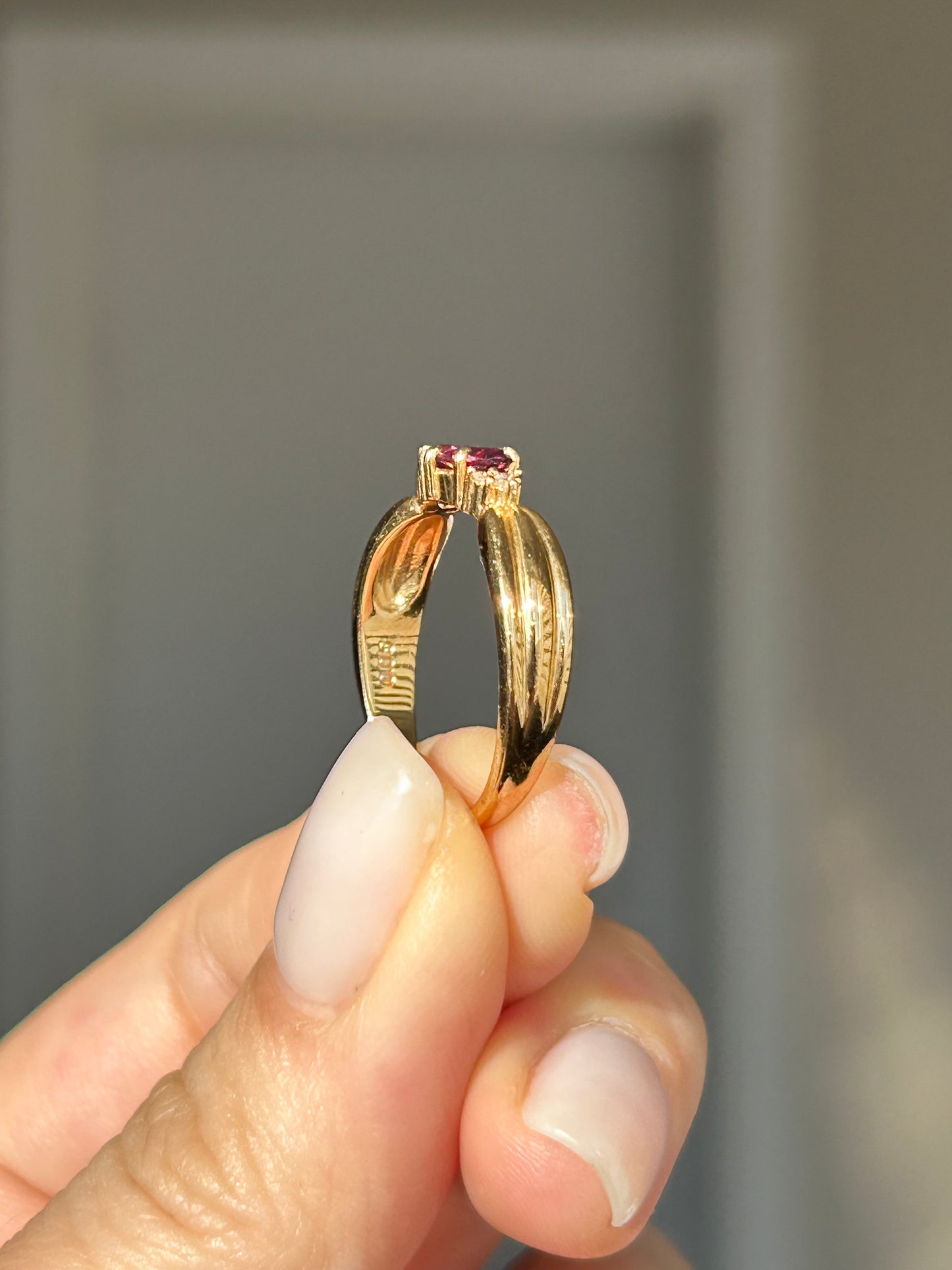 Vintage 18k Gold Rhodolite Garnet Ring with Diamond Accents, by Japanese designer Tasaki