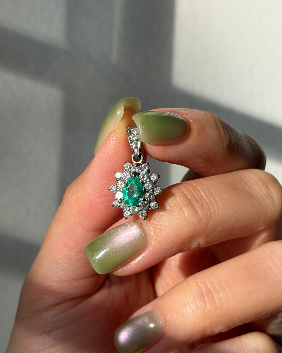 Vintage Platinum Pear Cut Emerald Double Diamond Halo Pendant