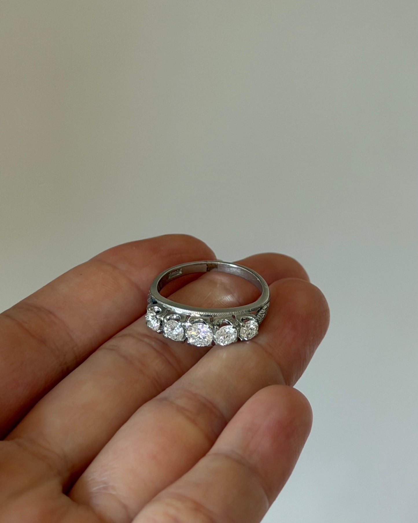 Vintage Platinum 1 CTW Five-Stone Diamond Band - Engraved Shoulder Details