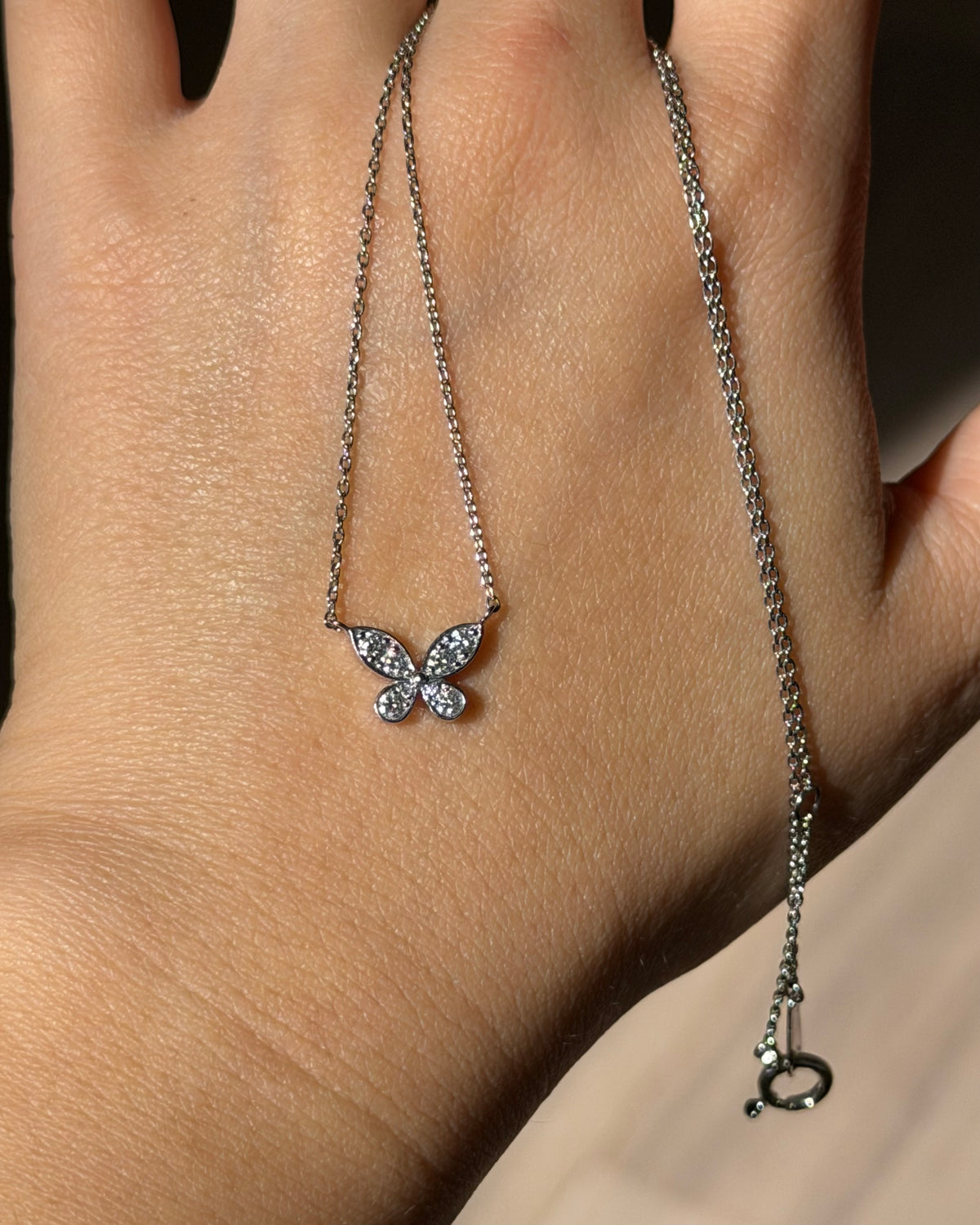 Vintage 18k White Gold Pave Diamond Butterfly Necklace