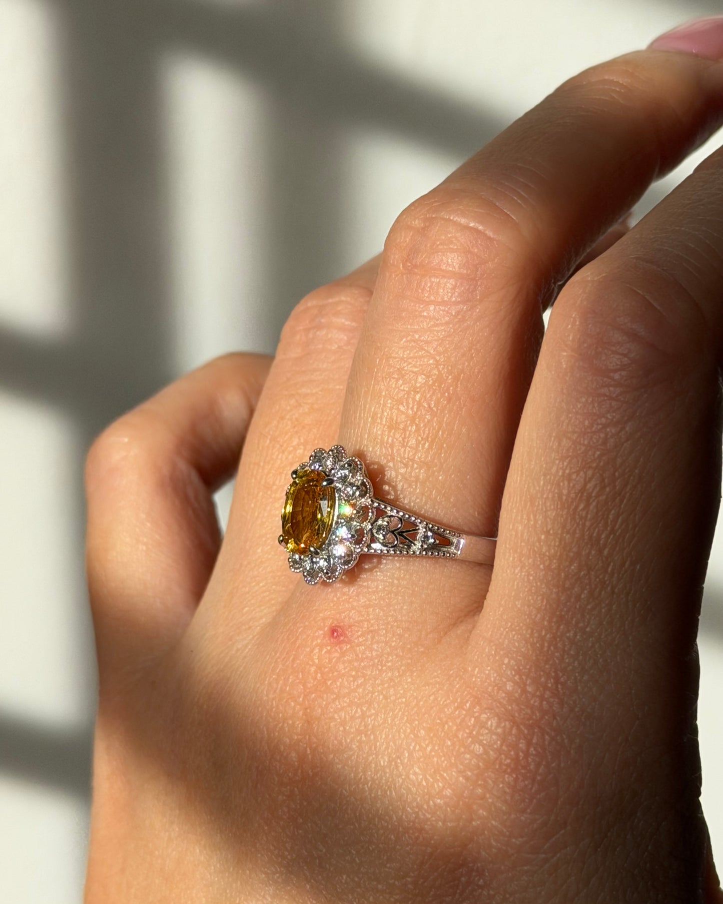 Vintage Platinum Yellow Oval Sapphire Diamond Halo Flower Ring