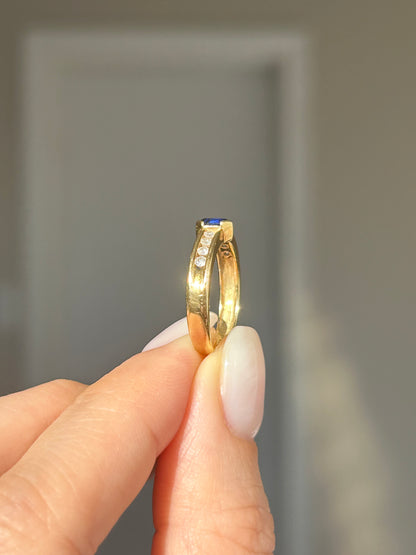 Vintage 18k Shield Step Cut Blue Sapphire Ring with Channel Set Diamonds