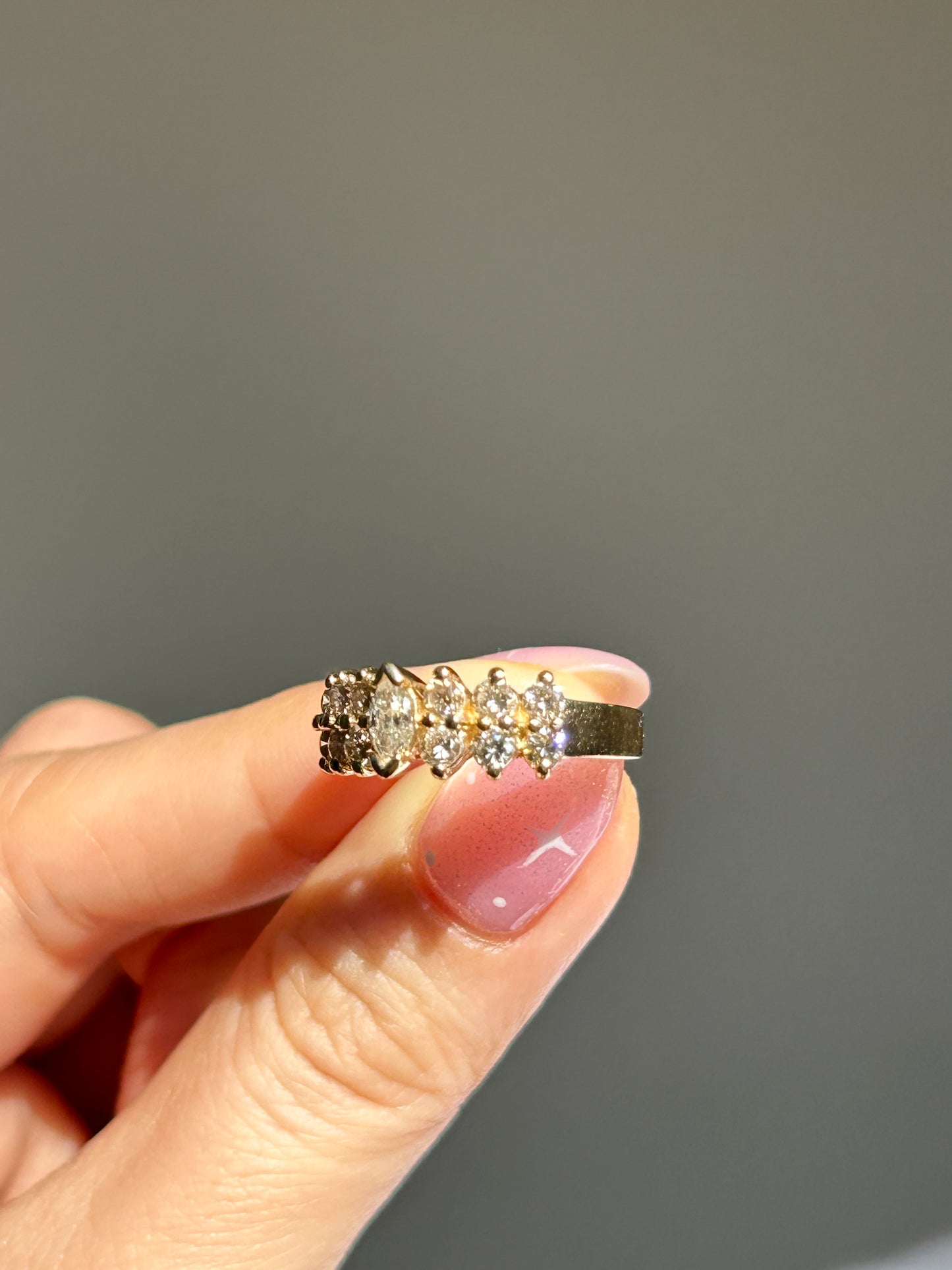 Vintage 14k Gold Center Yellow Marquise Double Row Diamond Ring