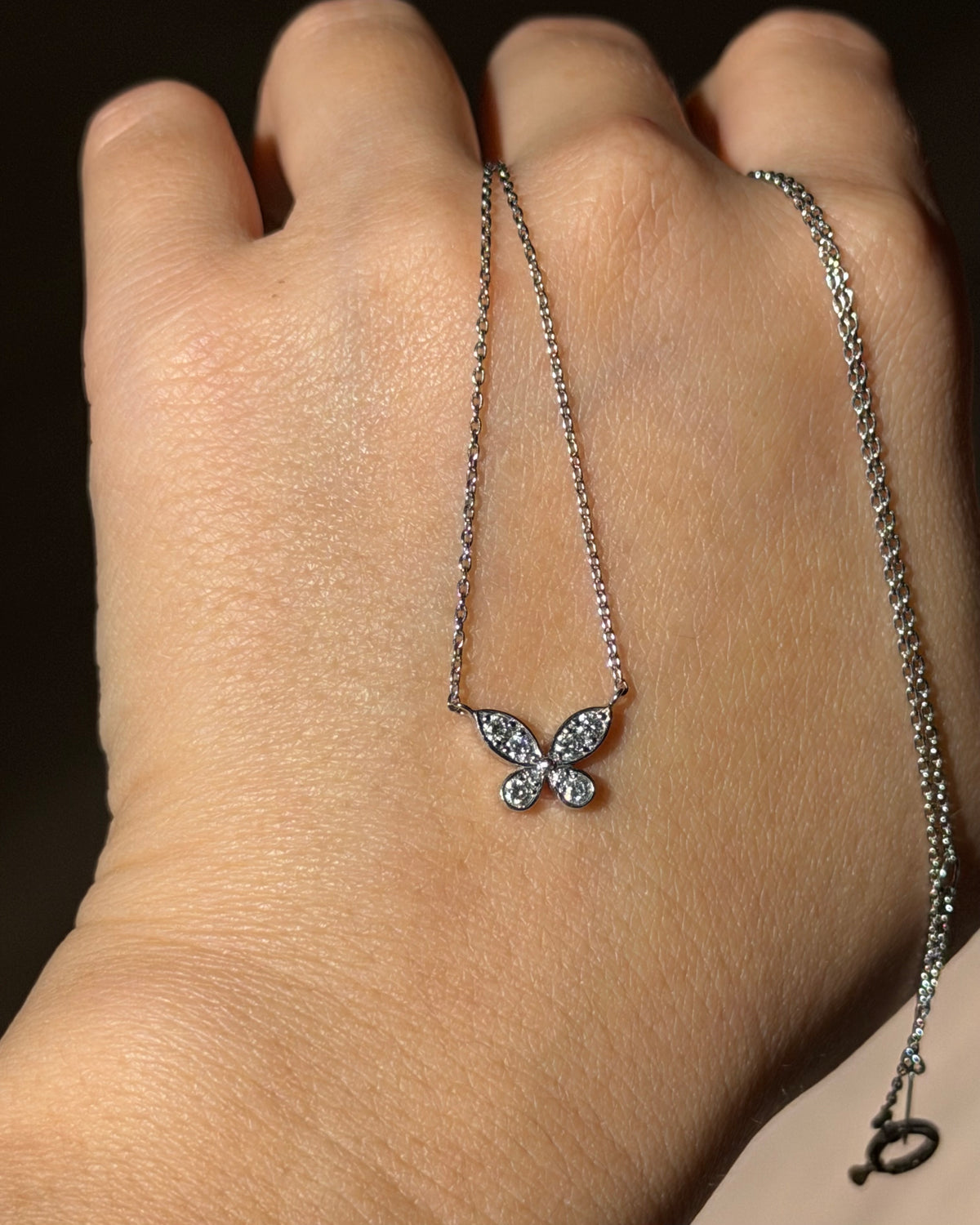 Vintage 18k White Gold Pave Diamond Butterfly Necklace