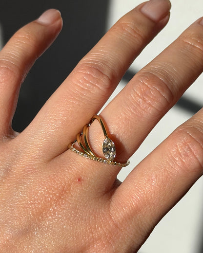 Modern Estate 18k Gold Very Light Brown Marquise Diamond Asymmetric Bypass Ring