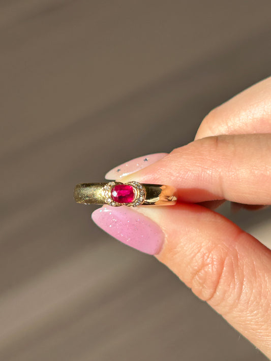 Vintage 18k East West Oval Ruby Half Bezel Ring: US Size 8.25