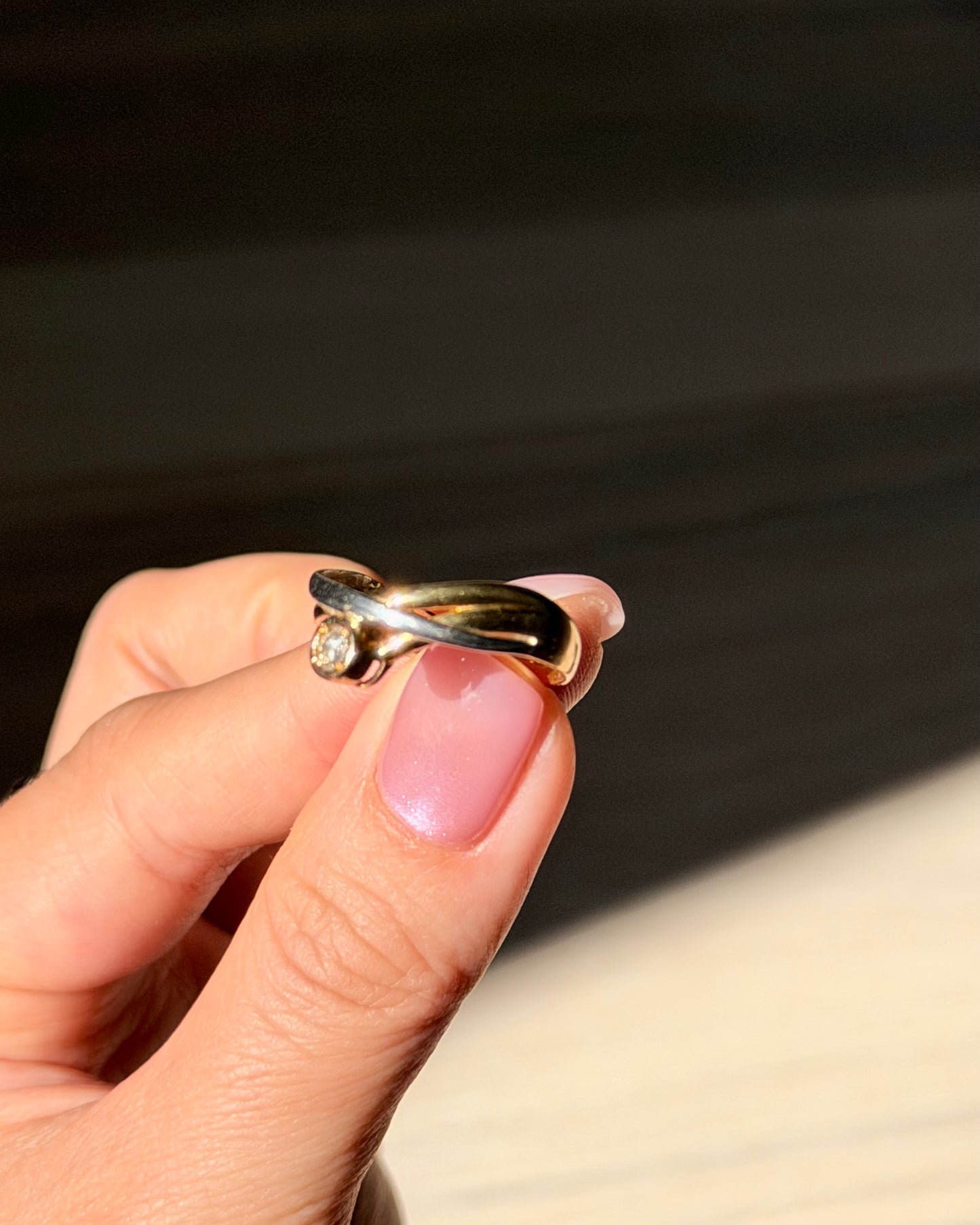 Vintage 18k Gold and Platinum Bezel Set Diamond Crossover Ring