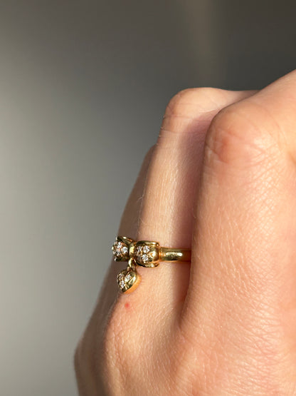 Vintage 18k Gold Diamond Bow Ring with Heart Charm