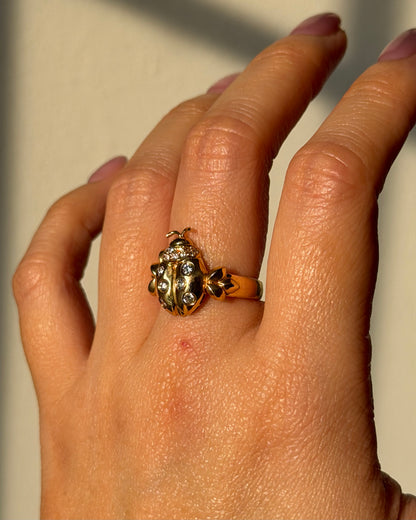 Vintage 18k Gold Flush Set Diamond Lady Bug Ring