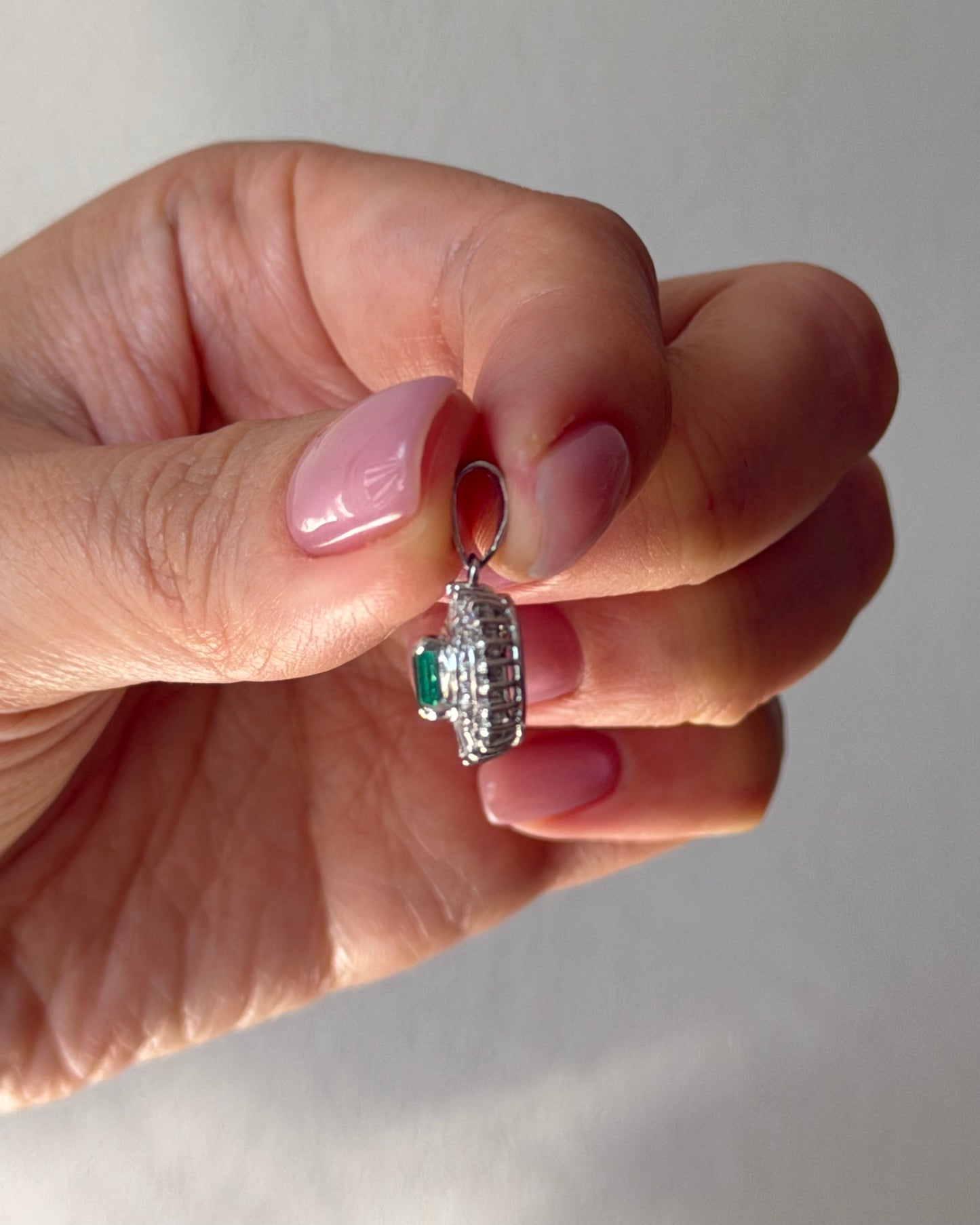 Vintage Platinum Emerald Diamond  Halo Pendant