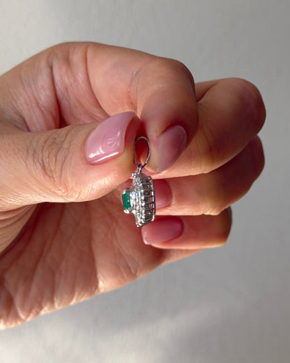 Vintage Platinum Emerald Diamond  Halo Pendant