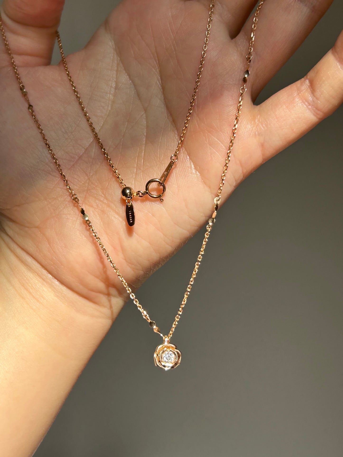 Vintage 18k Pink Gold Rose Flower Diamond Pendant Chain