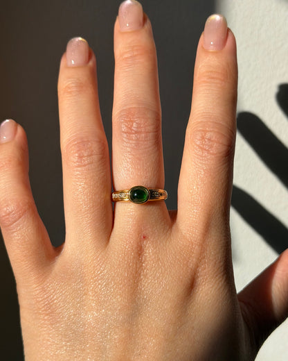 Vintage 18k Gold Bezel Set Green Garnet Cabochon Ring - Diamond Accents