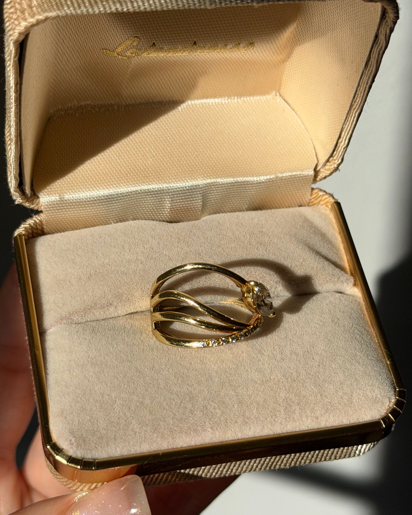 Modern Estate 18k Gold Very Light Brown Marquise Diamond Asymmetric Bypass Ring