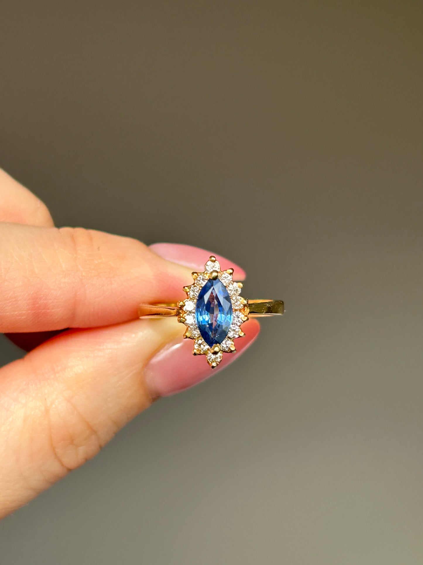 Vintage 18k Sapphire Marquise Diamond Halo Ring