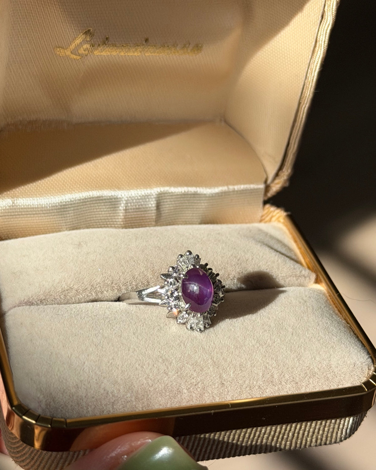Vintage Platinum Star Sapphire Cabochon Diamond Ballerina Halo Ring