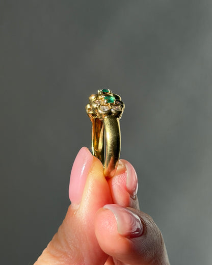 Vintage 18k Gold Emerald and Diamond Three Flower Band