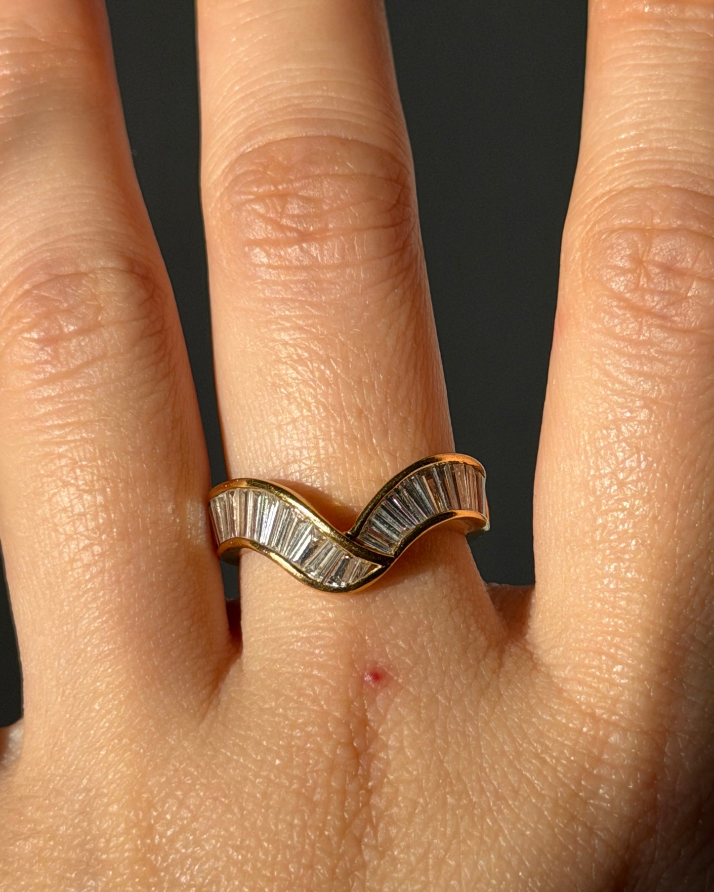 Vintage 18k Gold Channel Set Baguette Diamond Chevron Curved Ring