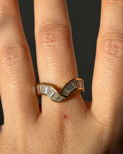 Vintage 18k Gold Channel Set Baguette Diamond Chevron Curved Ring