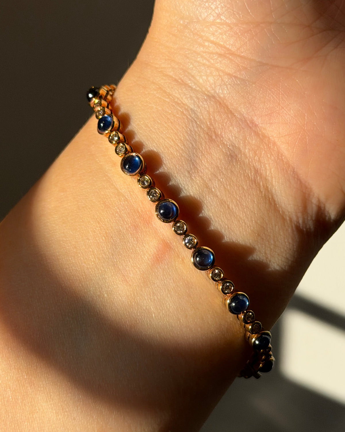 Vintage 18k Gold Bezel Set Sapphire Cabochon and Diamond Bracelet
