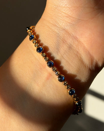 Vintage 18k Gold Bezel Set Sapphire Cabochon and Diamond Bracelet