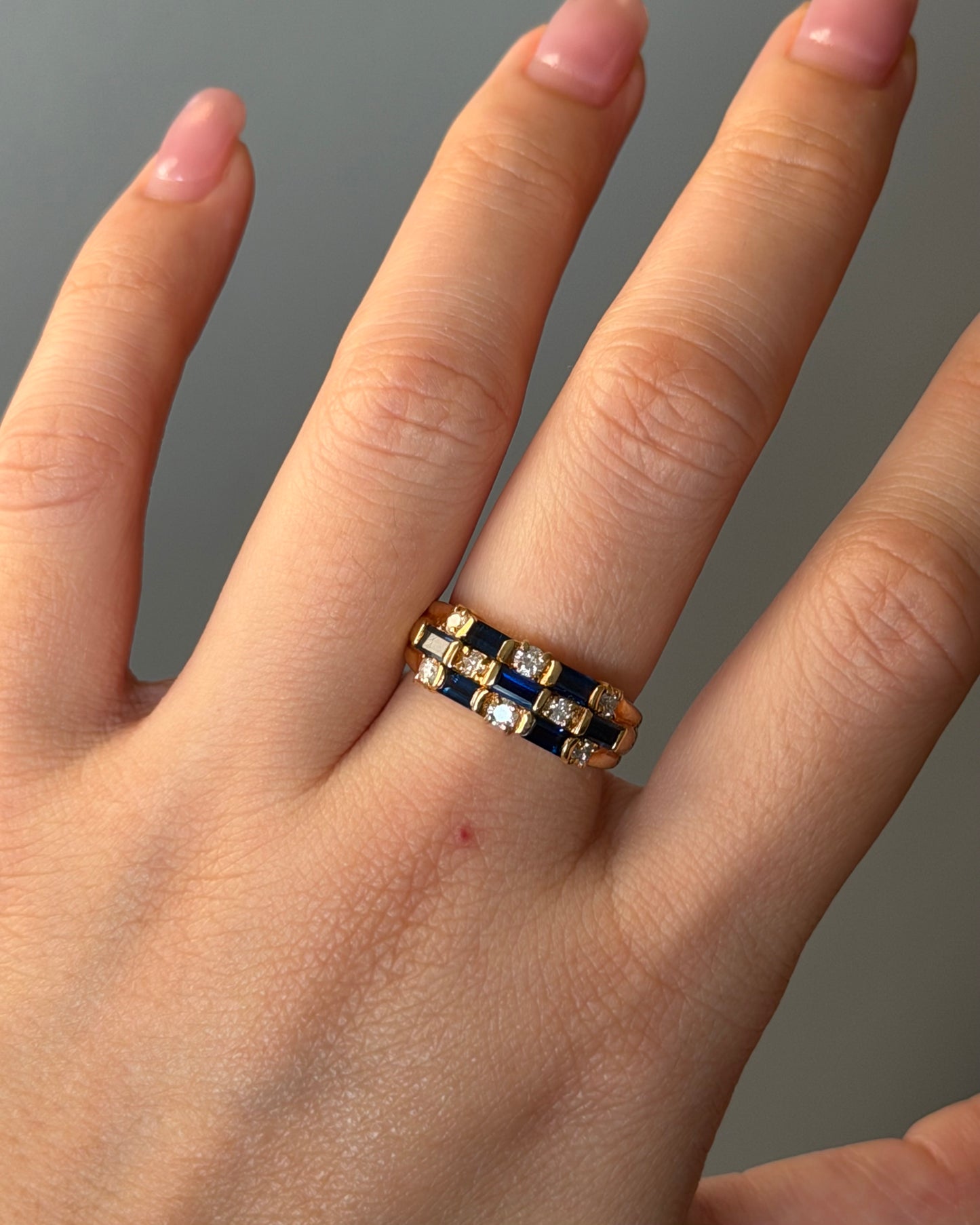 Vintage 18k Gold Baguette Sapphire and Diamond Checkered Ring