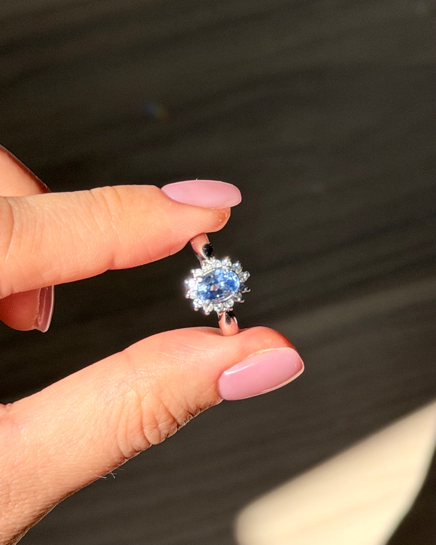Vintage Platinum Icy Light Blue Oval Sapphire With Diamond Halo Ring
