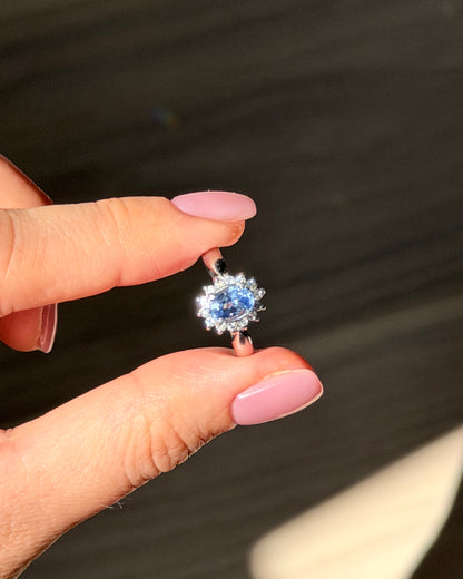 Vintage Platinum Icy Light Blue Oval Sapphire With Diamond Halo Ring