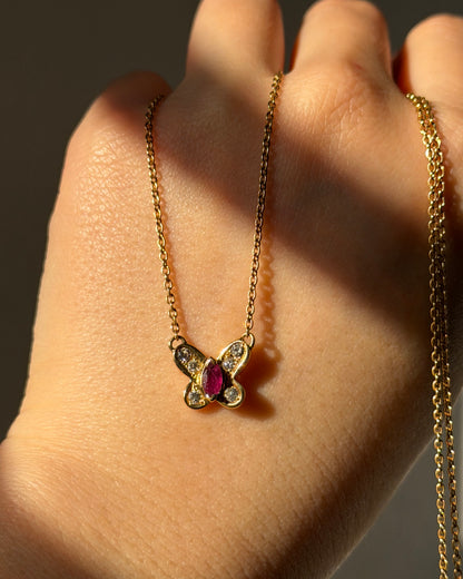 Vintage 18k Gold Marquise Cut Ruby and Diamond Butterfly Motif Necklace