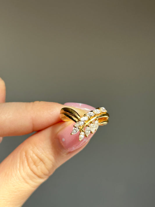 Vintage 18k Gold Marquise Cut Diamond Chevron Ring - Size 5.25 - Leaf Spray Motif