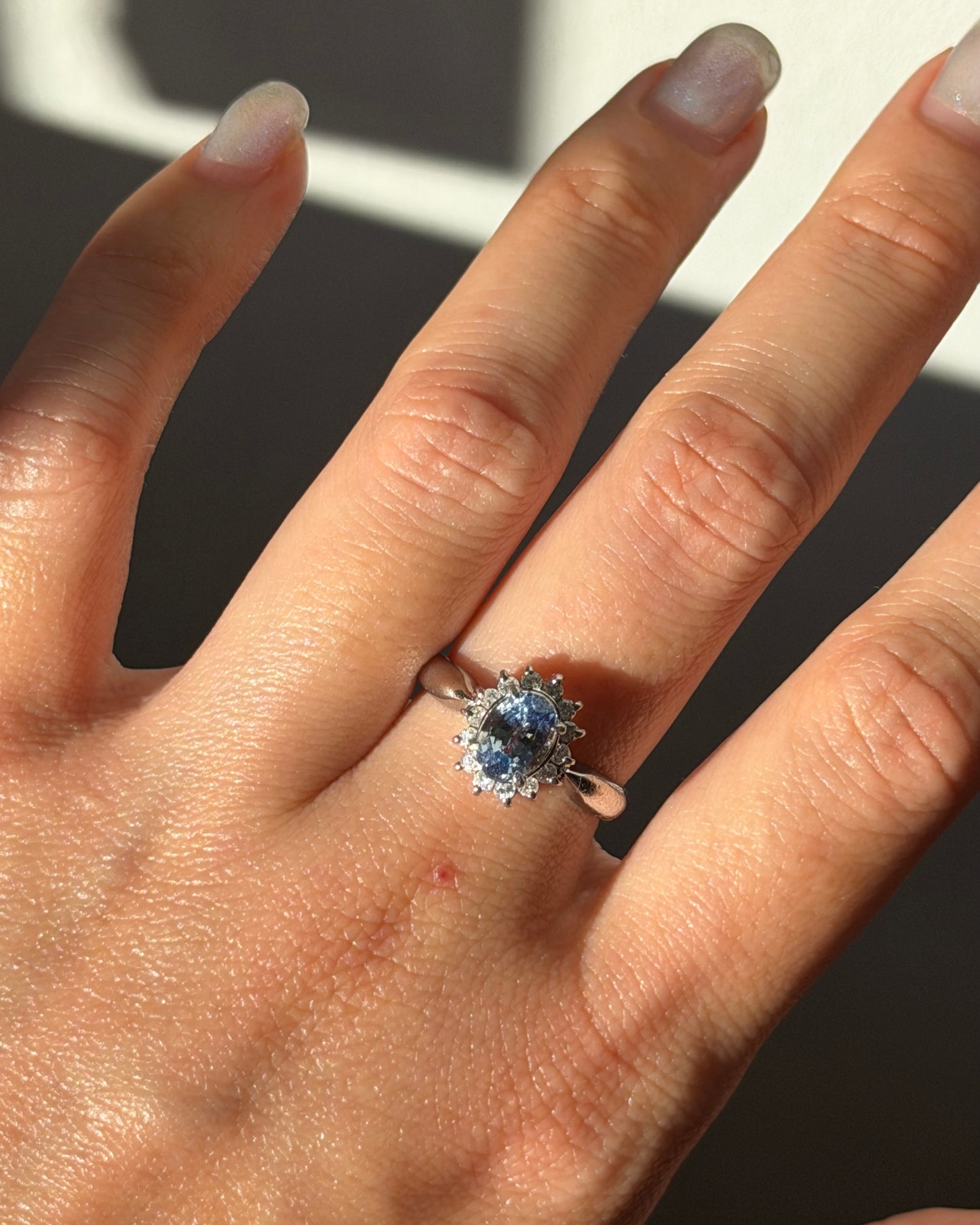 Vintage Platinum Icy Light Blue Oval Sapphire With Diamond Halo Ring