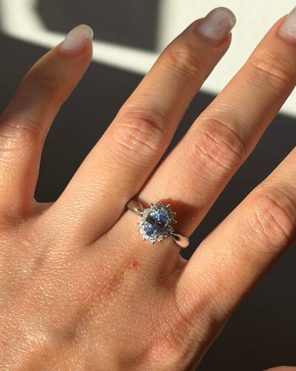 Vintage Platinum Icy Light Blue Oval Sapphire With Diamond Halo Ring
