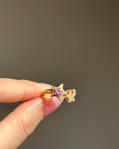 Vintage 18k Gold Pink Sapphire & Diamond Star Celestial Ring - Size 5.25