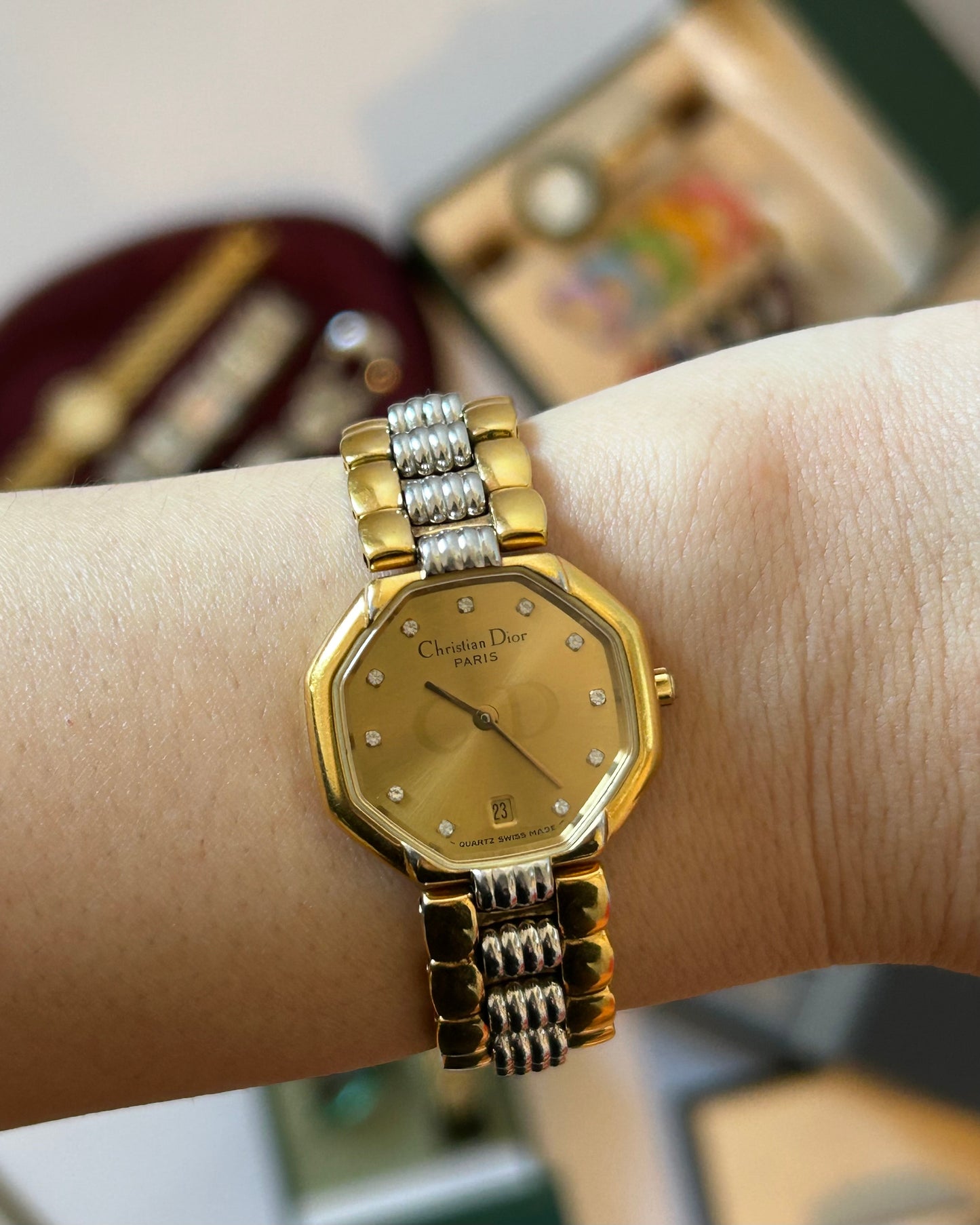 Vintage Mid 80’s Christian Dior Paris Octagon Two-Tone Watch — Diamond Hour Markers