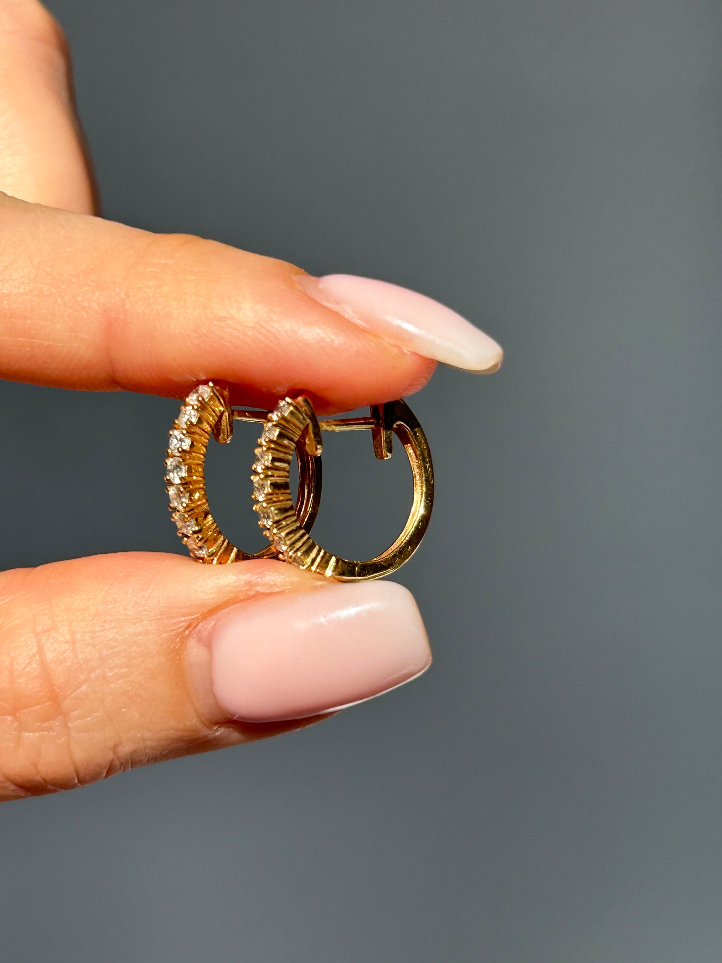 Vintage 18k Gold Diamond Huggies Hoop Earrings