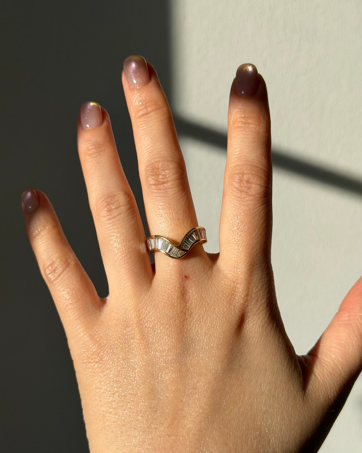 Vintage 18k Gold Channel Set Baguette Diamond Chevron Curved Ring