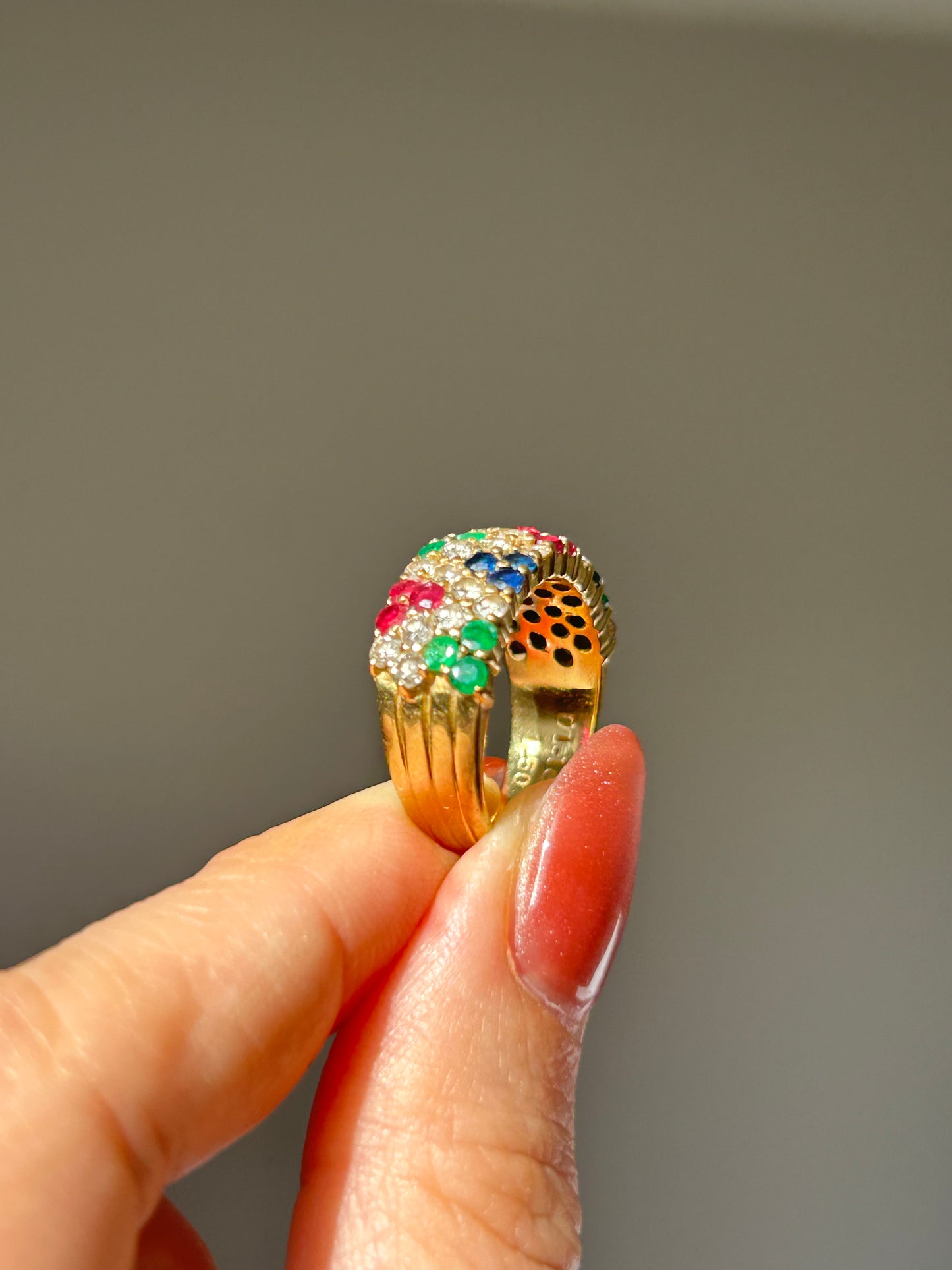 Vintage 18k Ruby Emerald Sapphire and Diamond Pave Ring