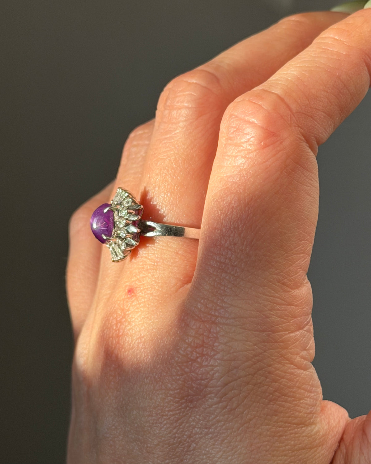 Vintage Platinum Star Sapphire Cabochon Diamond Ballerina Halo Ring