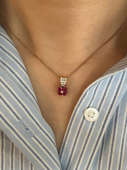 Vintage 18k Gold Heart Ruby Clover Pendant — Open Diamond Bail
