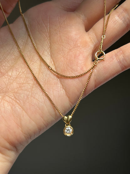 Vintage 18k Gold Bezel Set Diamond Necklace - Heart Bail Detail, Curb Chain