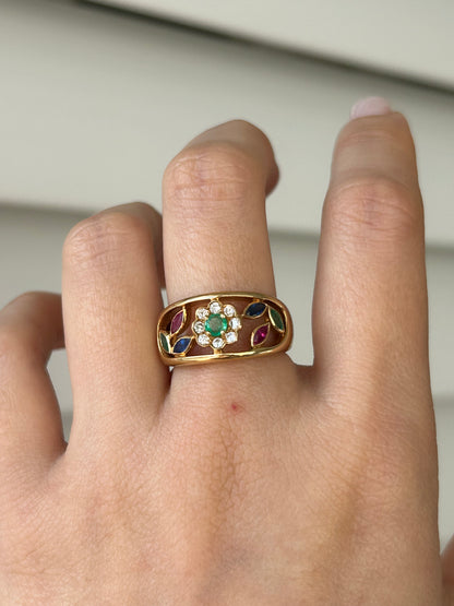 Vintage 18k Gold Givenchy Diamond and Gemstones Flower Ring