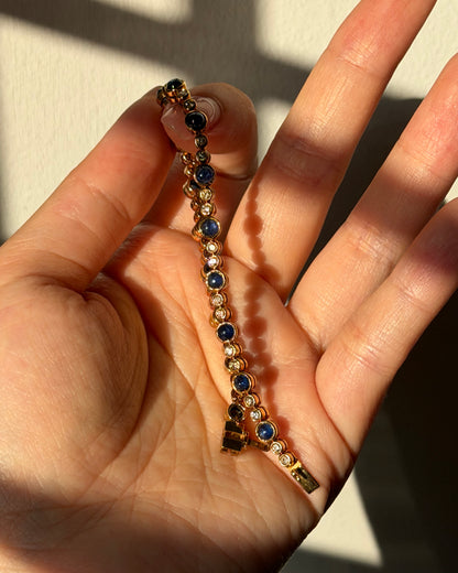 Vintage 18k Gold Bezel Set Sapphire Cabochon and Diamond Bracelet