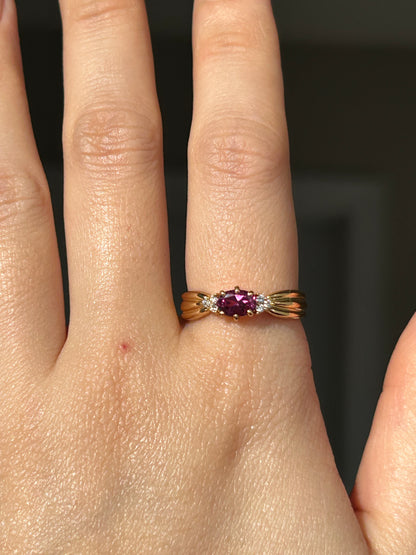 Vintage 18k Gold Rhodolite Garnet Ring with Diamond Accents, by Japanese designer Tasaki