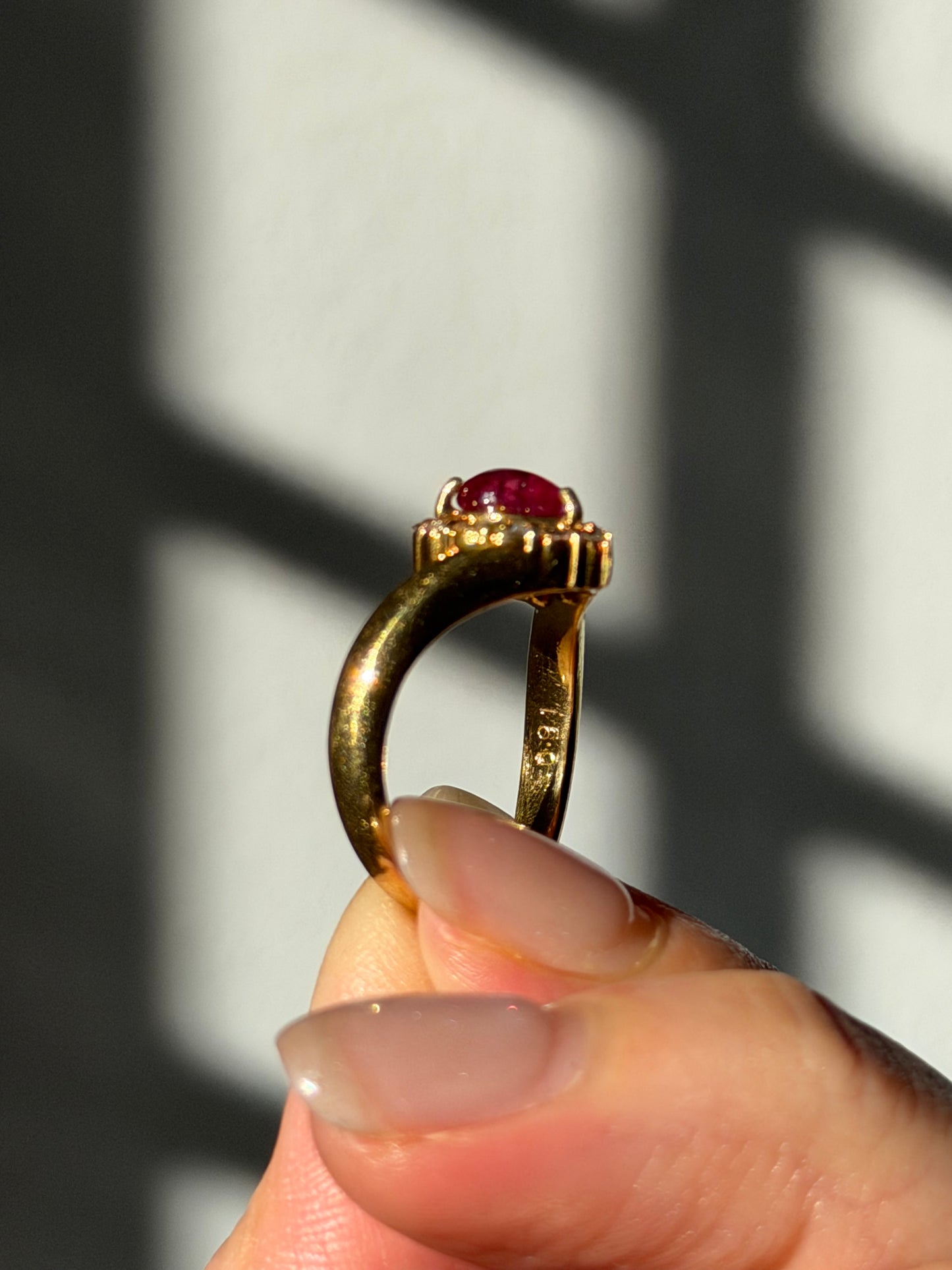 Vintage 18k Gold Pear Shaped Ruby Cabochon Diamond Halo Ring