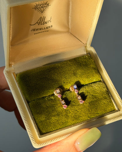 Vintage 18k Gold Pink Sapphire and Diamond Dangle Earrings