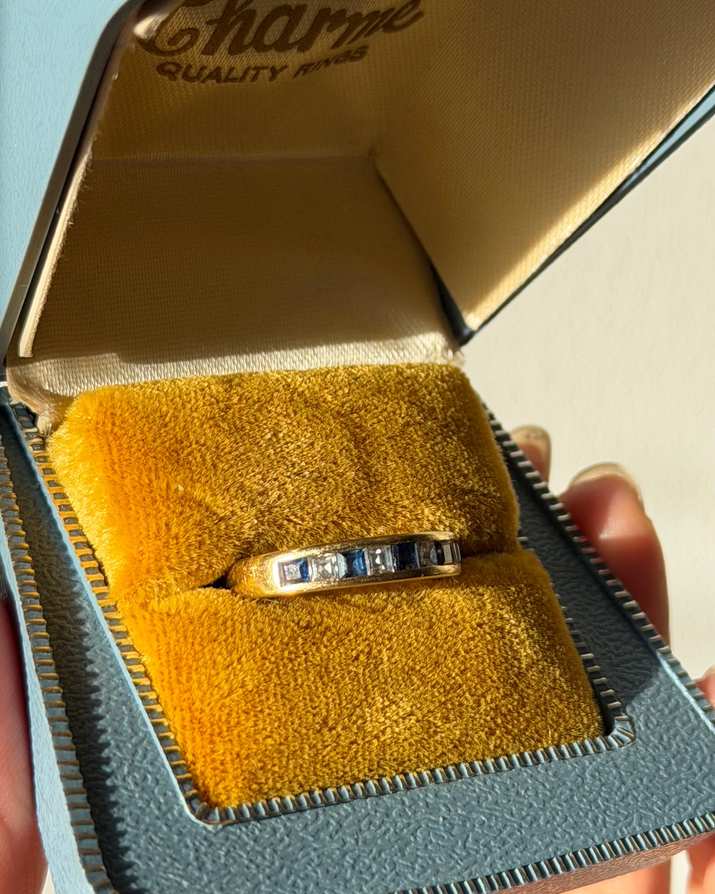 Vintage 18k Gold Step-Cut Square Diamond and Sapphire Channel Set Stackable Ring